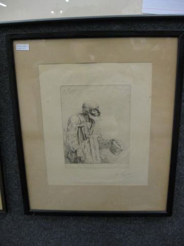 Alphouse Legros, Etching, "Old Beggar",: 1837 - 1911, this example pencil signed and dated 1881, famous artist, 11" x 13" image area. Alphonse LEGROS (1837-1911)
