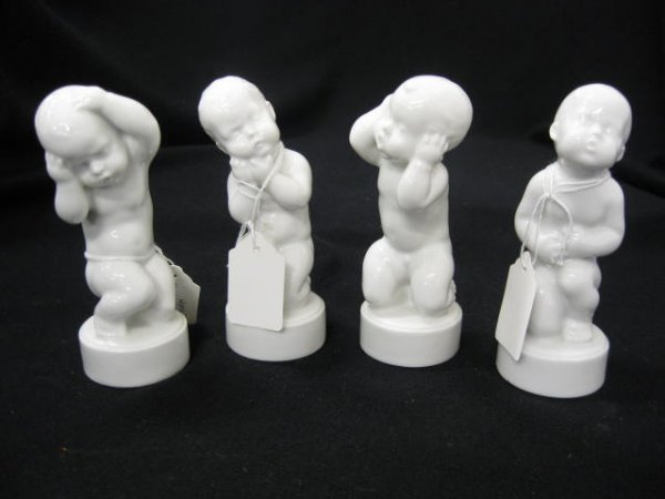 Set of 4 Bing & Grondahl Porcelain Figurines, : "Aches & Pains", each depicts a child with toothache, headache, stomach ache & earache, 4 1/2", excellent.