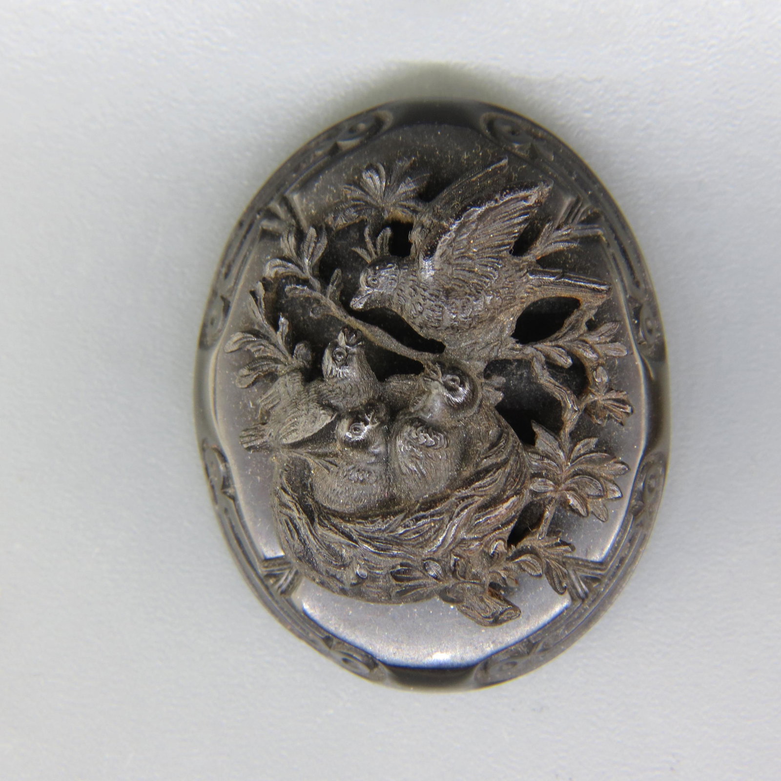19th Century Carved Ebony Brooch: Bird and fledglings in nest, high relief, oval 1 1/2" X 2".