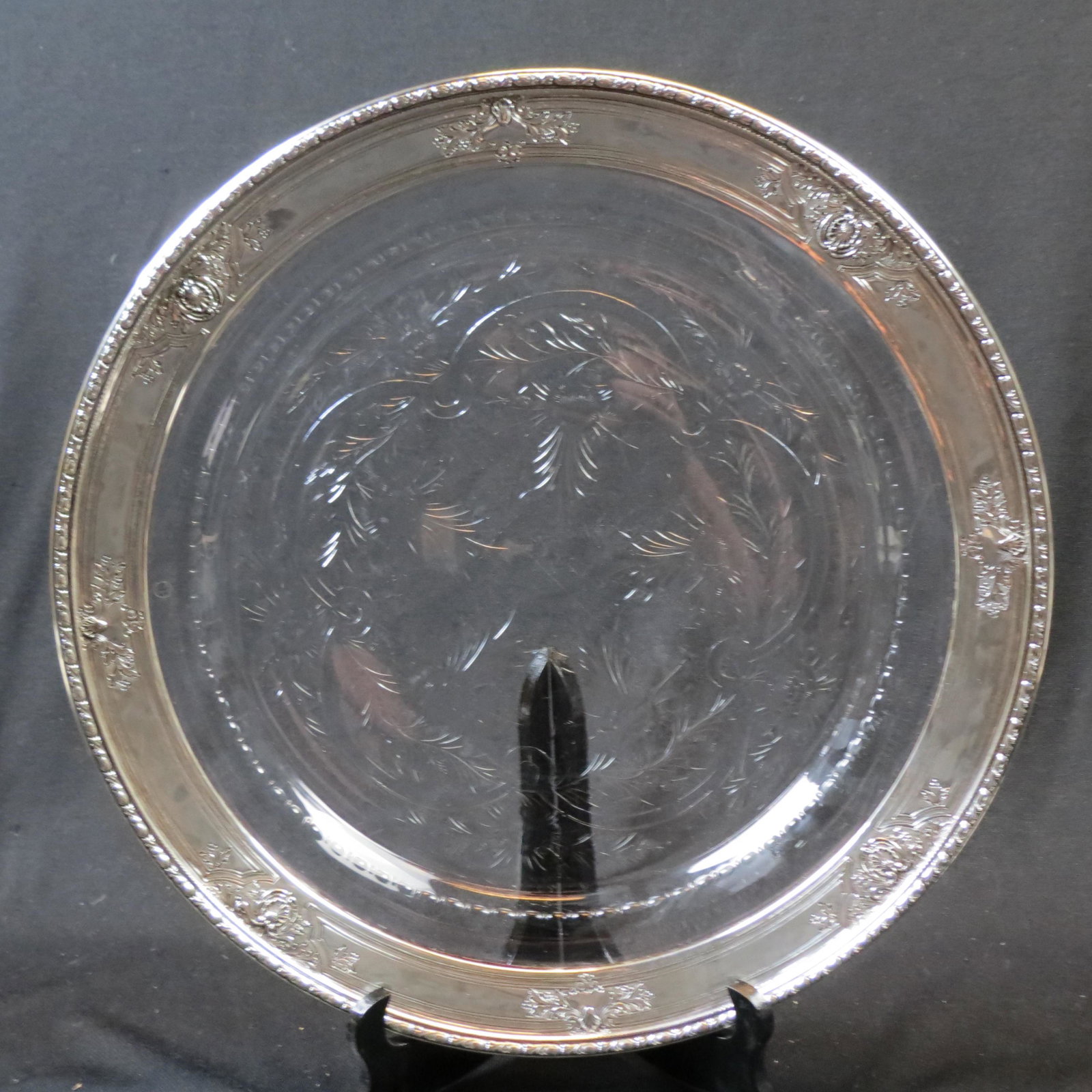Hawkes Engraved Glass & Sterling Tray Renaissance: Pattern, fine floral designs, 1 1/2" sterling border, 15" diameter.