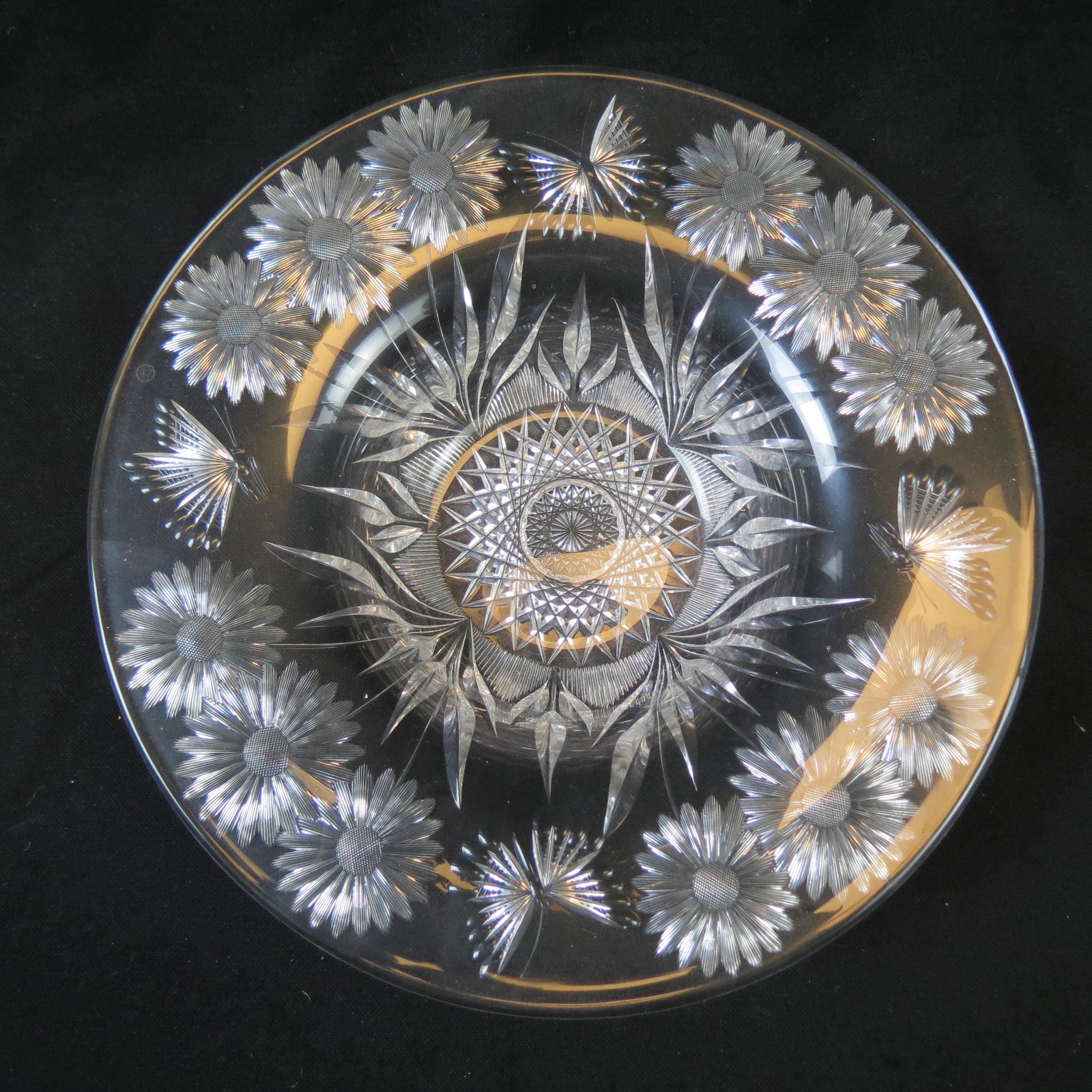 Pairpoint Cut Glass Console Bowl: "Butterfly & Daisy" 13" diameter, 3" deep, excellent.