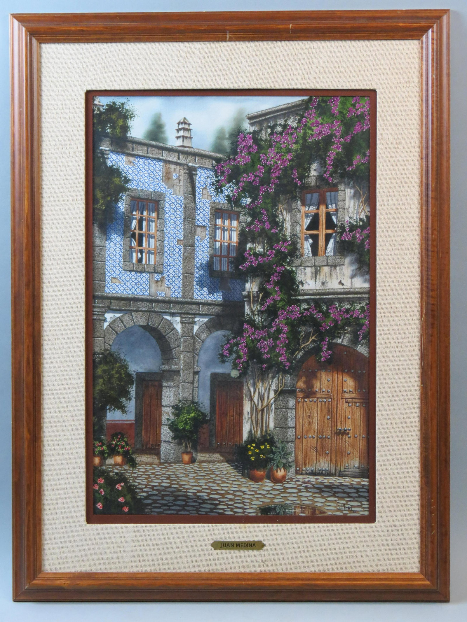 Juan Medina, watercolor, Homes and Courtyard: Colonial style, a well listed Dominican Republic artist, born 1948, very fine detail, image area 16" X 22" plus mat and frame..... Juan Medina Born: 1950 - MexicoKnown for: Trompe l'oeil and mixed med