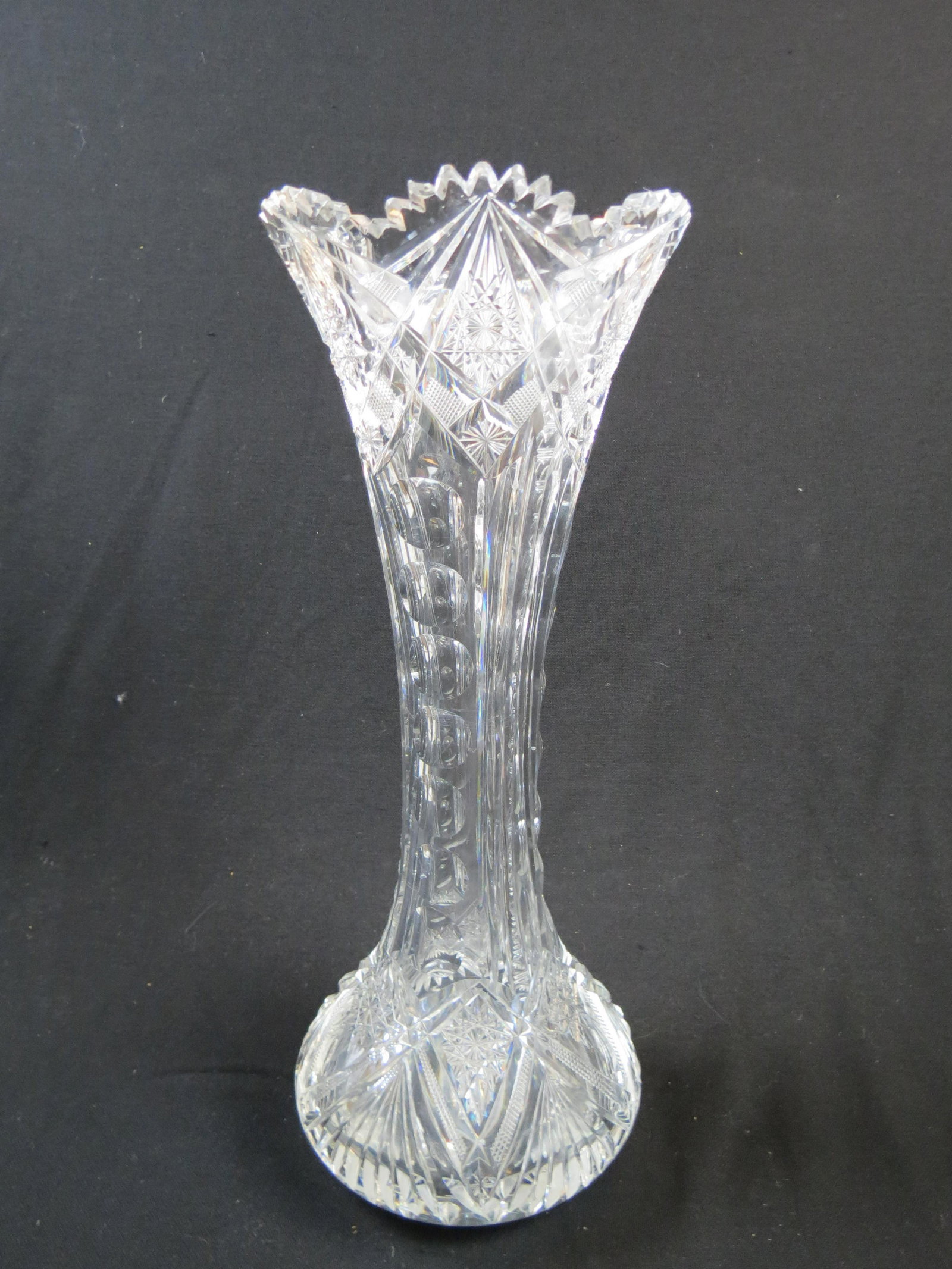 Clark Cut Glass Tall Vase: "Iris" pattern, brilliant period, 17 3/4" tall, elaborate cutwork.