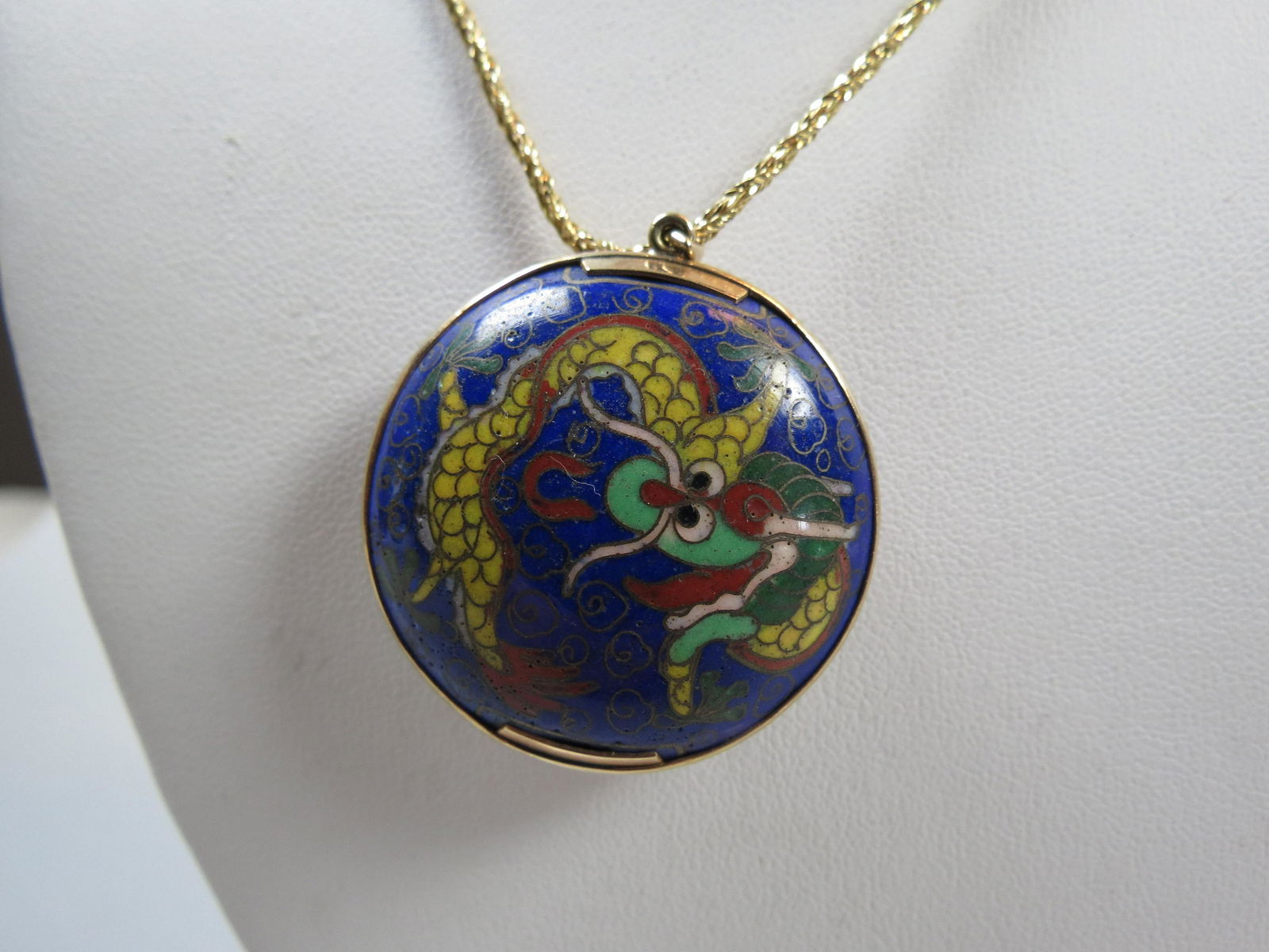 14K Gold Chain with Cloisonne Pendant with Dragon: In a 1 3/4" disc form, 14K bezel, with 20" braided 14K gold chaiin, 6.5 Grams (chain only).