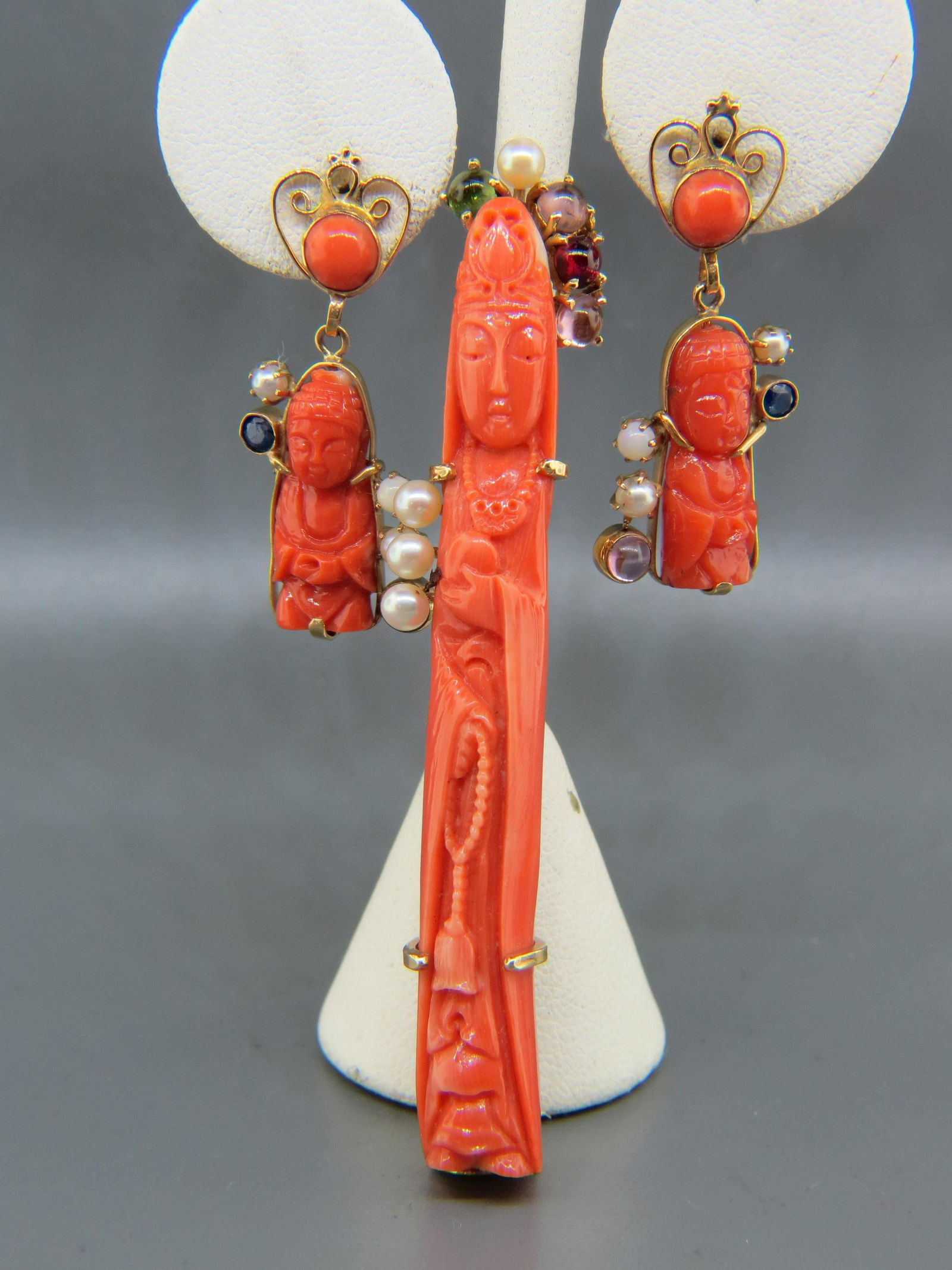 Chinese Carved Coral, Gemstone 14K Pin & Earrings (1 of 7)