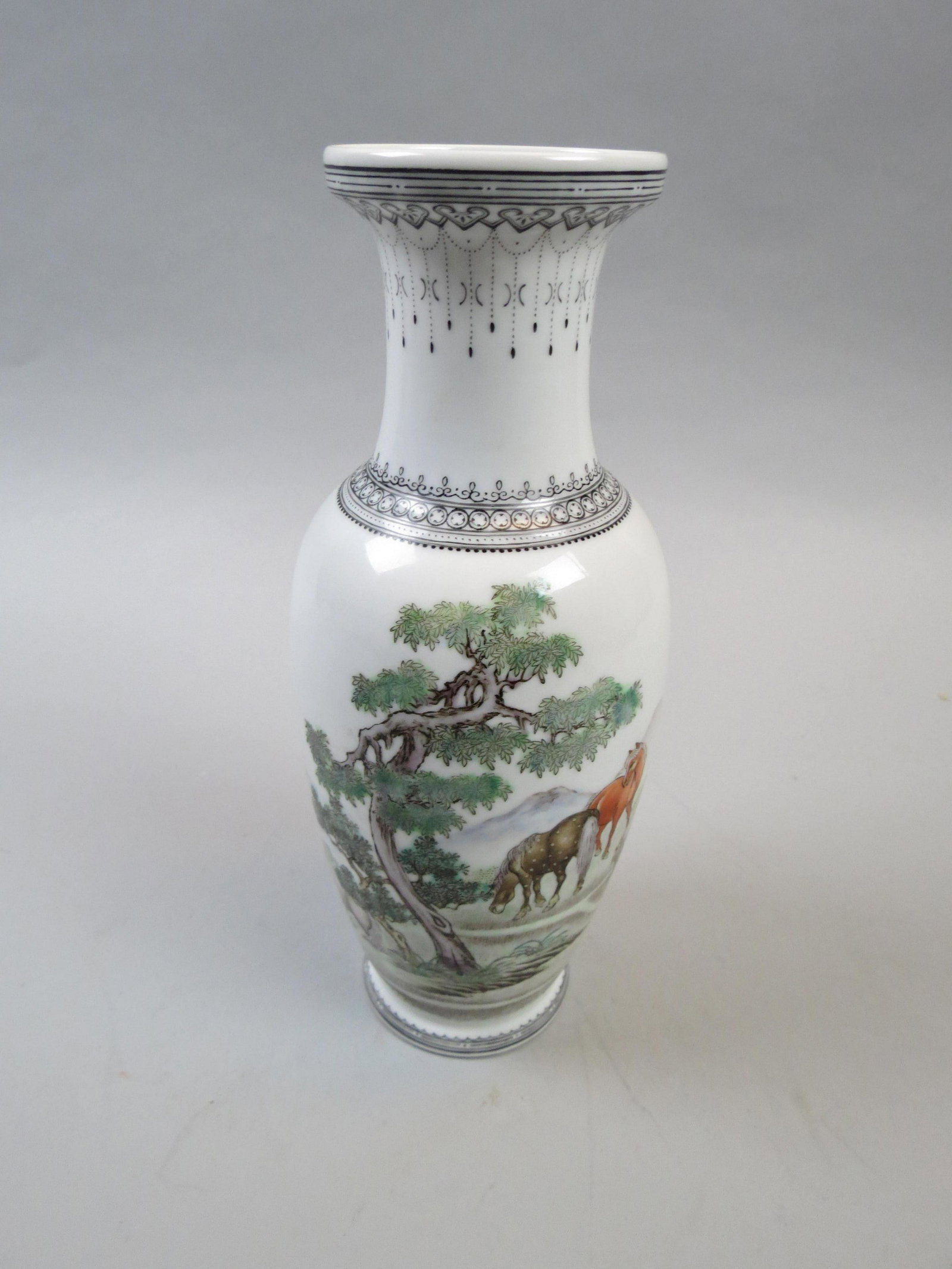 Chinese Republic Period Porcelain Vase: Signed, landscape with horses, calligraphy on back, 10" tall, excellent.