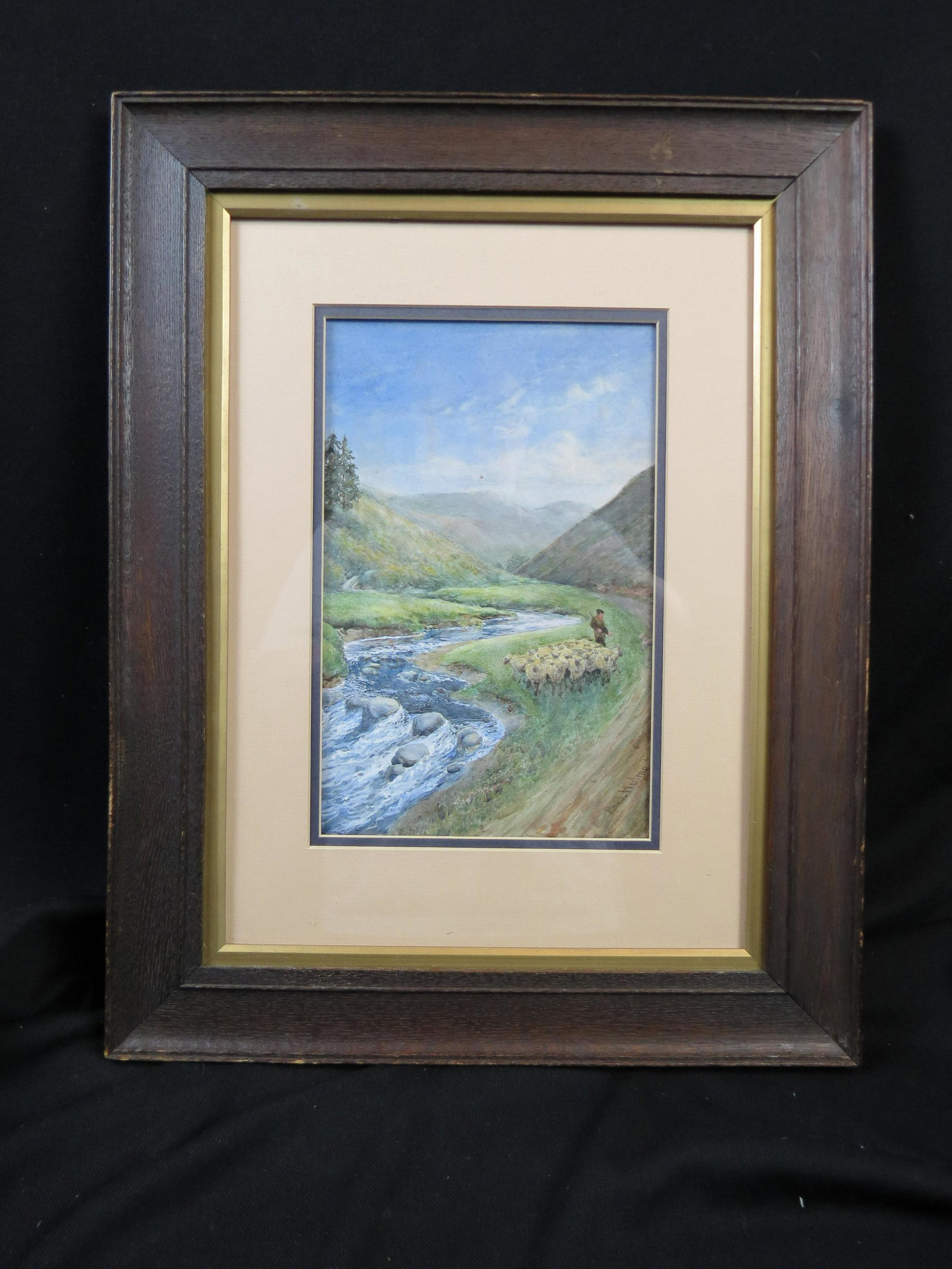 Alfred J. Hulme, watercolor, Stretton Hills: A shepherd with his flock, Carding Mill Valley, he was a painter of Shropshire landscapes around 1905-1908, image area approx. 8" X 12" plus matting and oak frame.