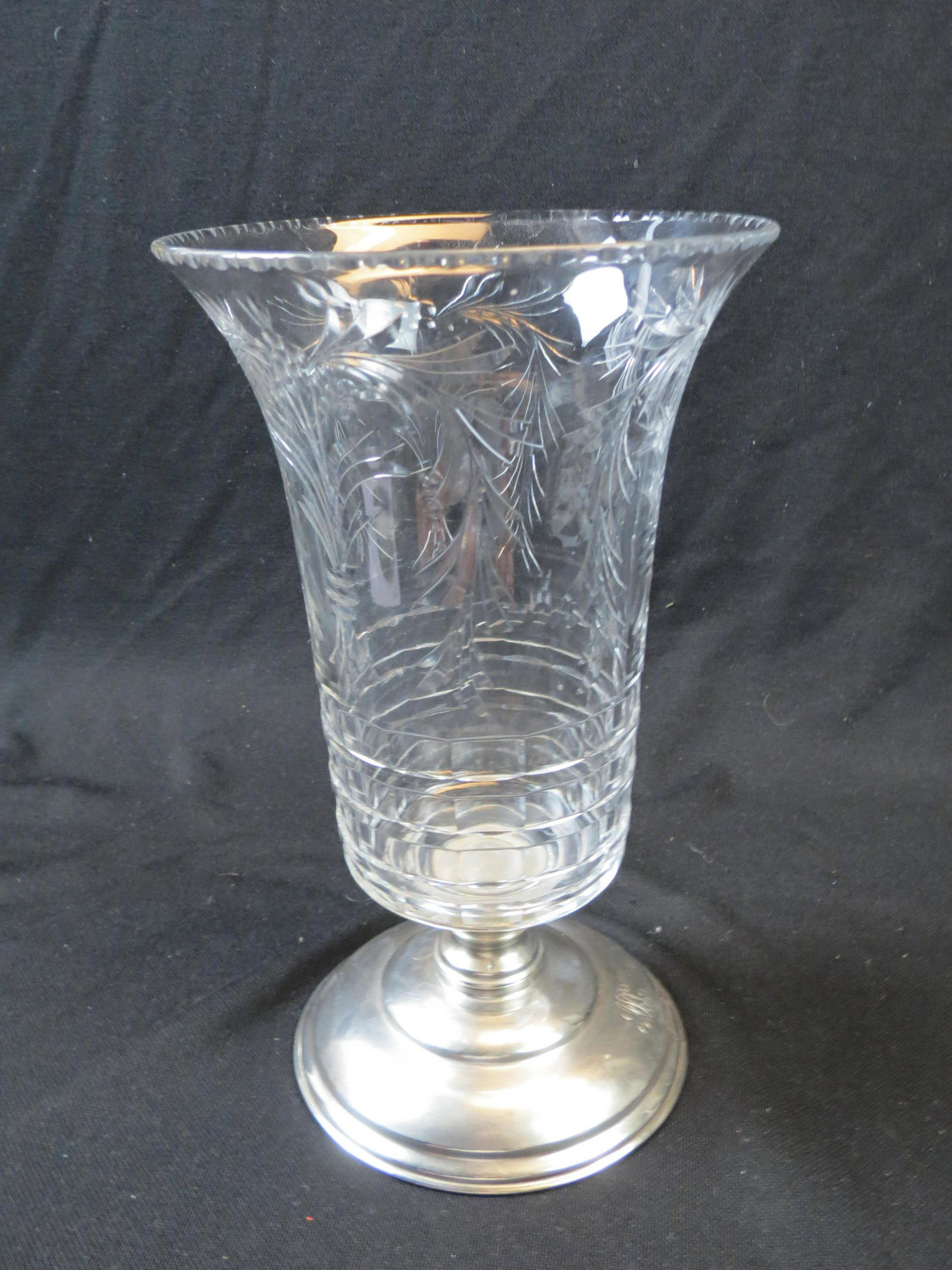 Hawkes Engraved Glass & Sterling Vase: Fine floral design over step or brick cutwork, 10 3/4" tall, excellent.