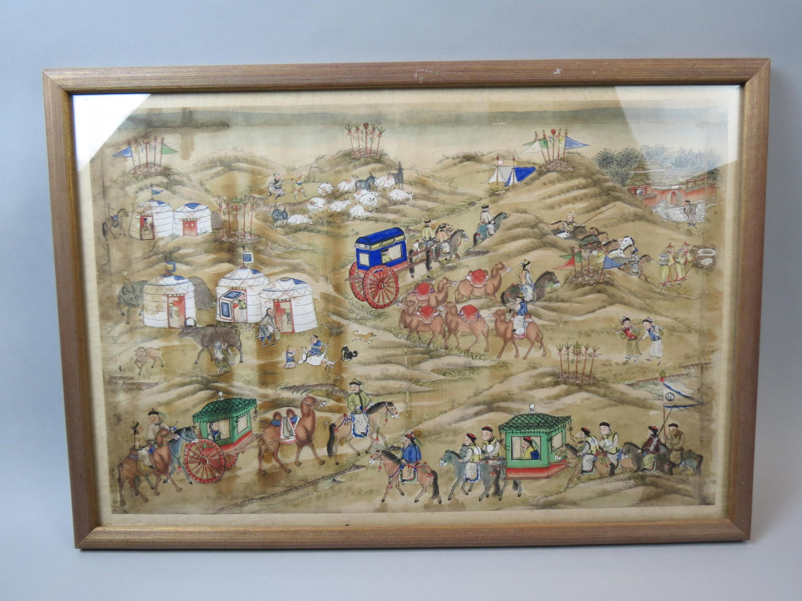 Chinese Watercolor of Mongolian Villagers: In mountianous region, approx. 16 1/2" X 25>