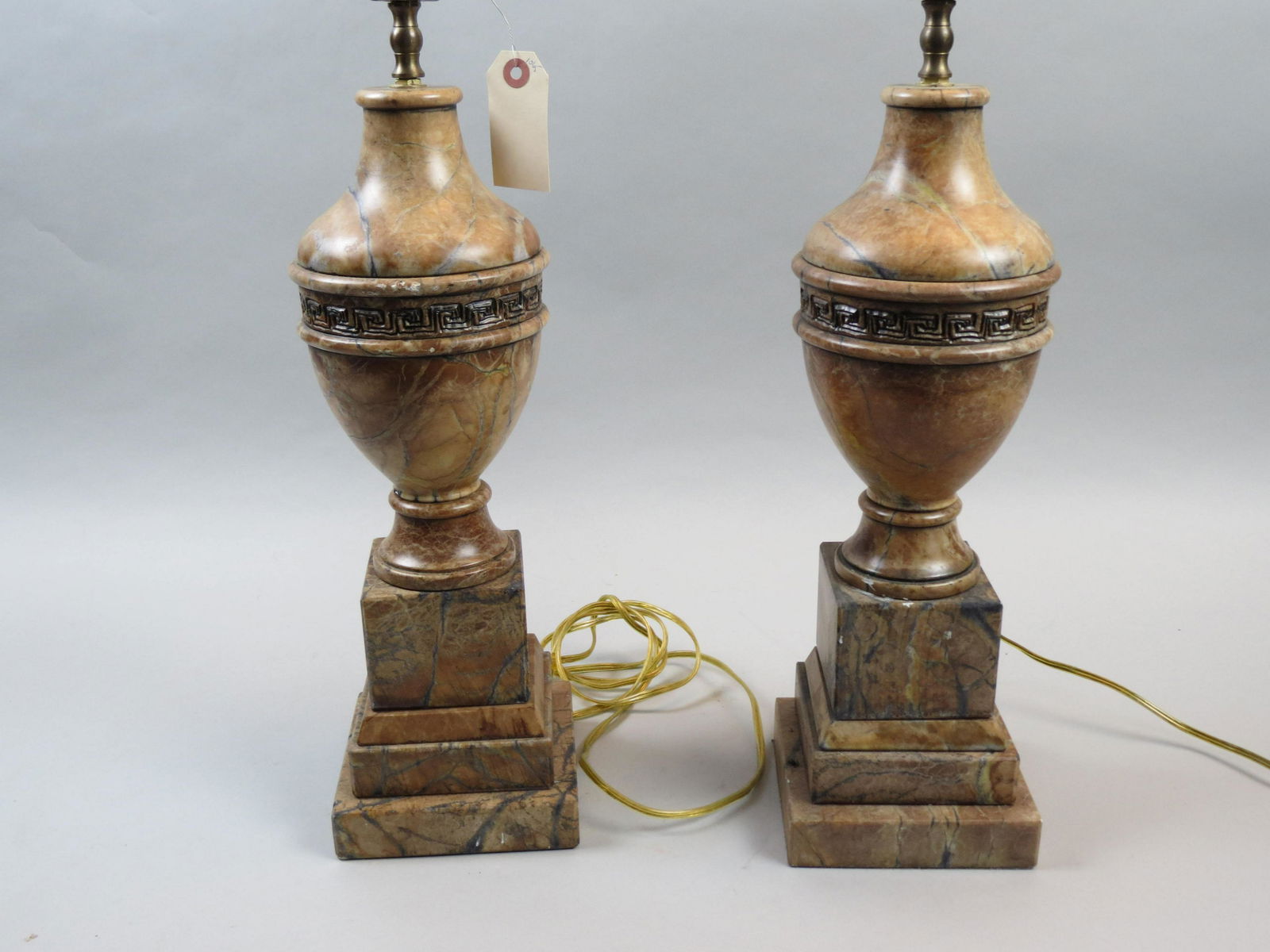 Pair of Brown Marble Table Lamps "Greek Key" Band, (1 of 6)