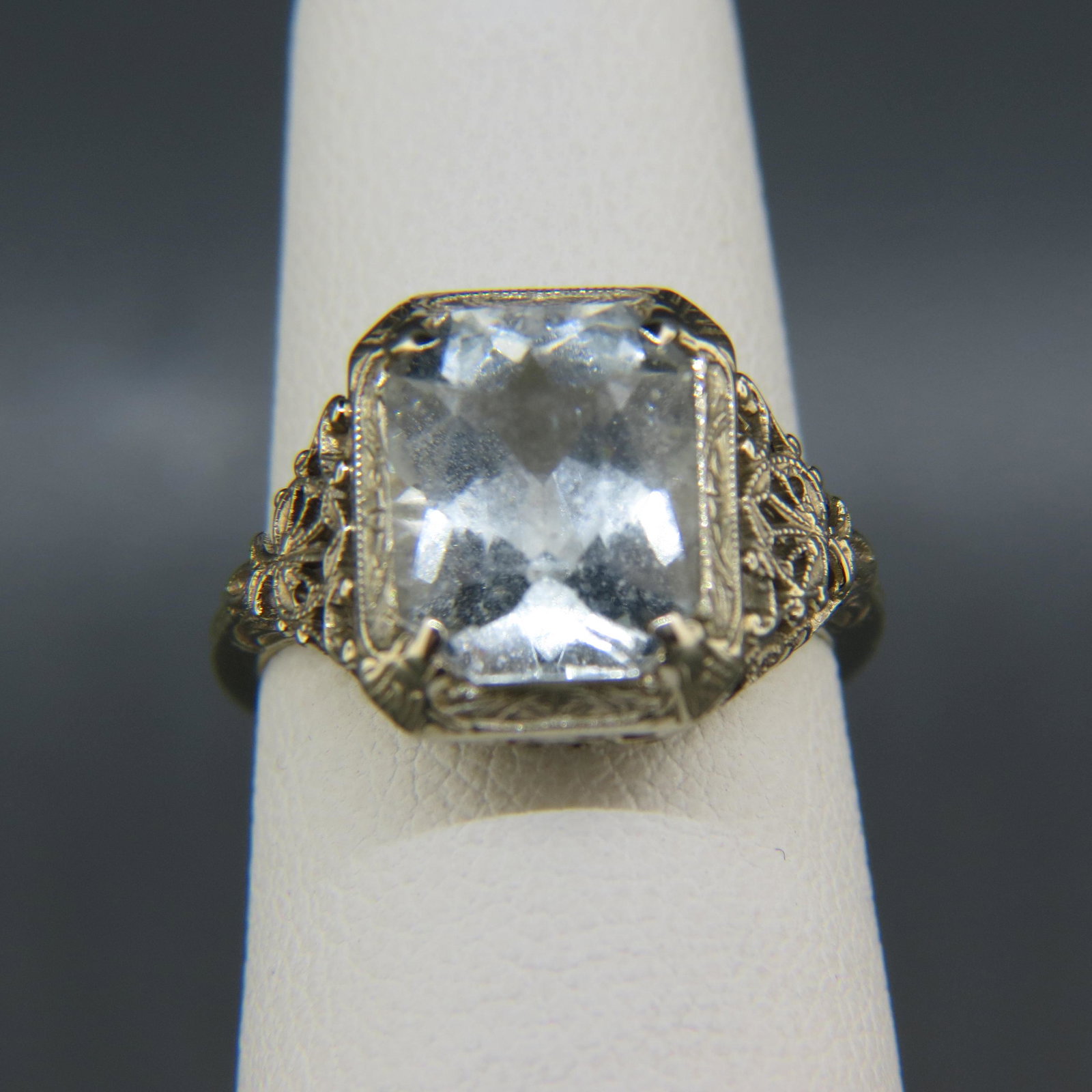 Aquamarine 14K White Gold Ring, Art Deco: Emerald cut gem in antique filigree setting, stone untested, currently size 4.