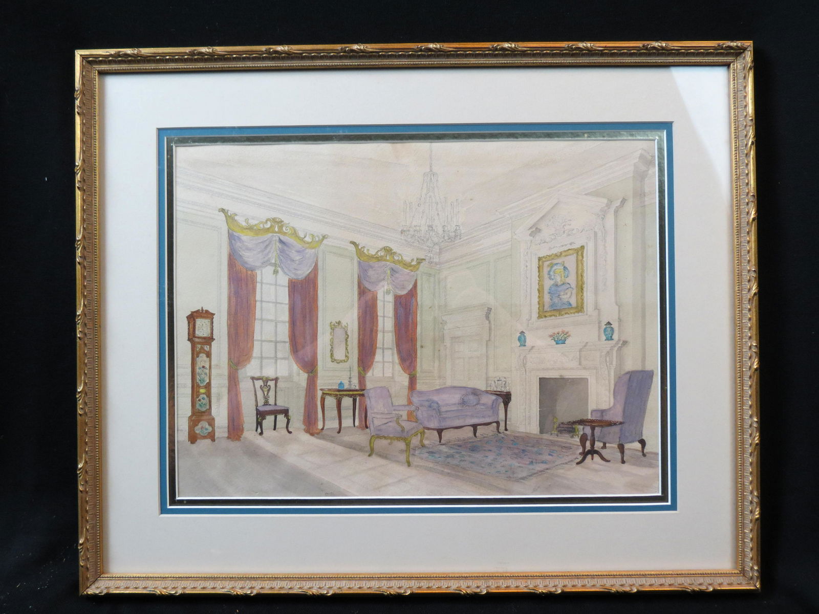 Fine Watercolor Interior Scene of Living Room (1 of 3)