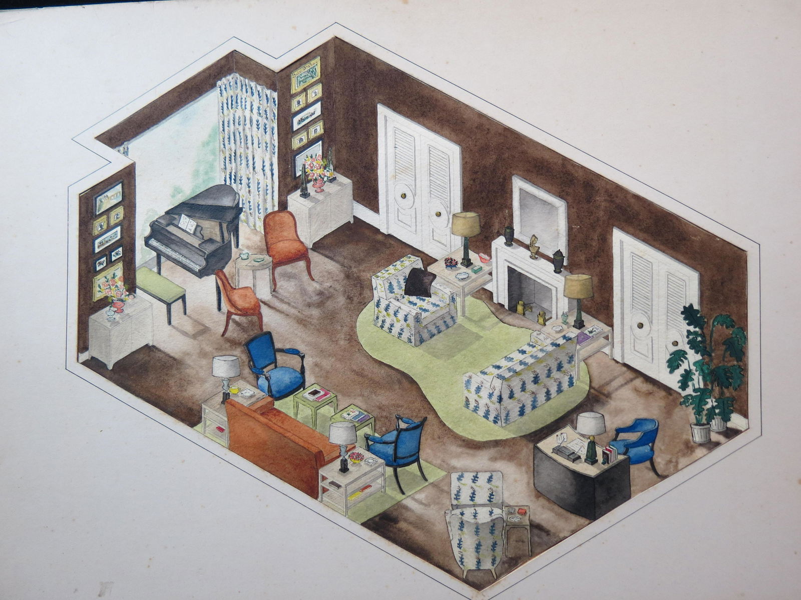Fine Watercolor Interior Scene of Living Room (1 of 3)