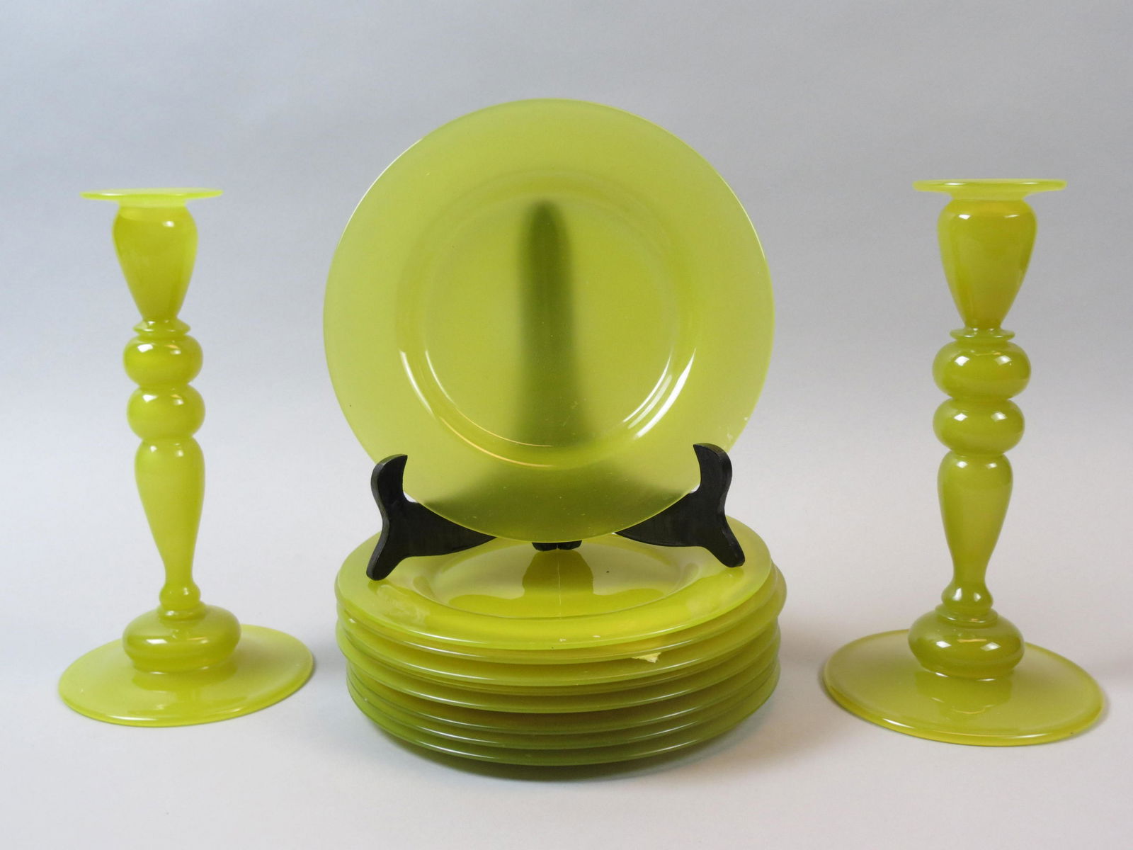 Antique Yellow Art Glass Candlesticks & Plates (1 of 6)