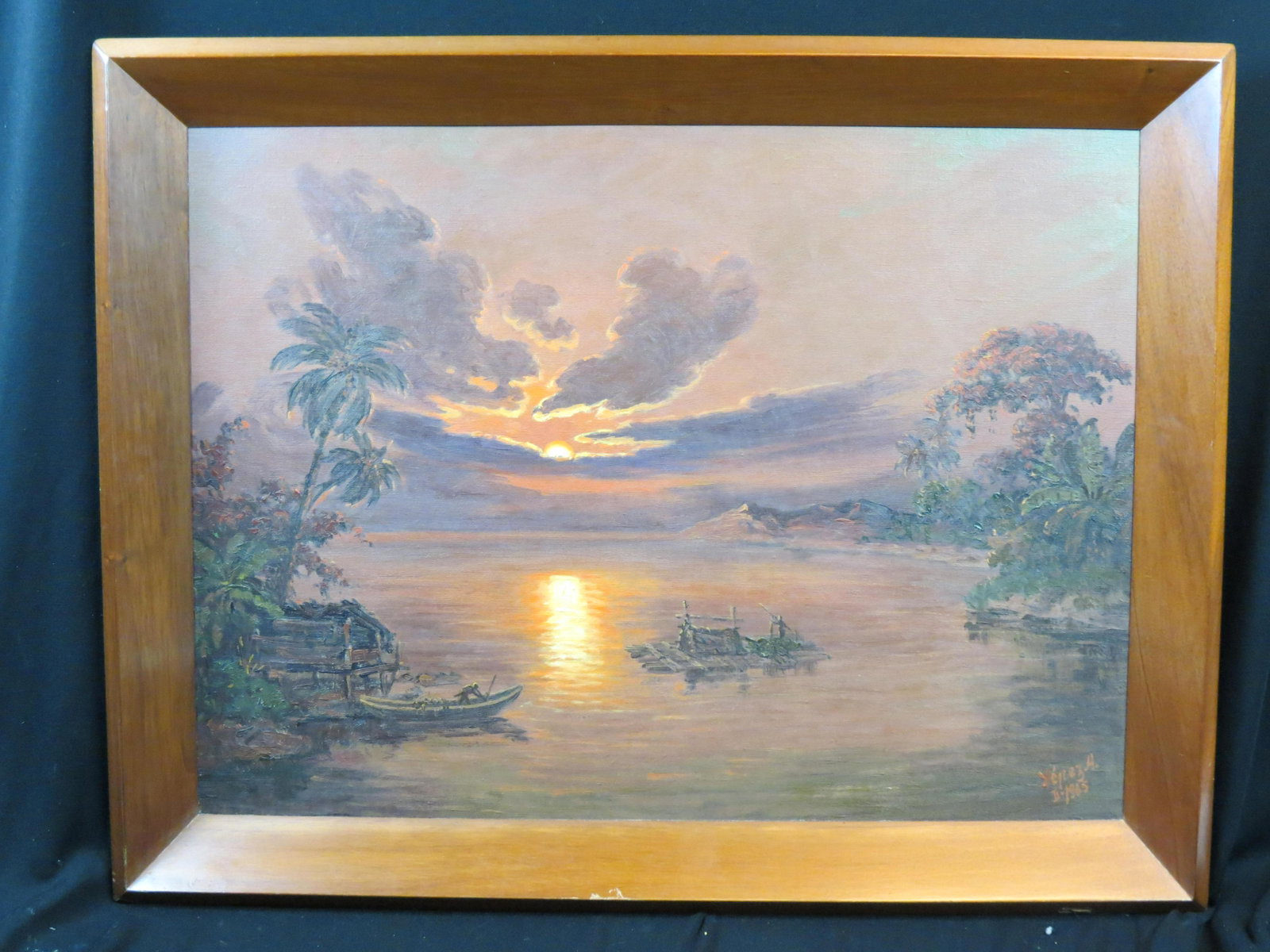 Jose Yepez Arteaga, Oil of Fisherman at Sunset,: Oil on board, well listed Ecuador artist, image area 23" X 31" plus wood frame.