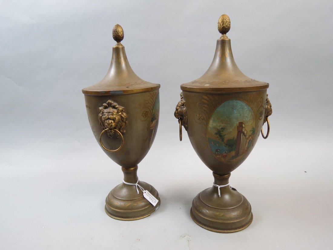 Pair of French Tole Covered Chestnut Urns, (1 of 13)