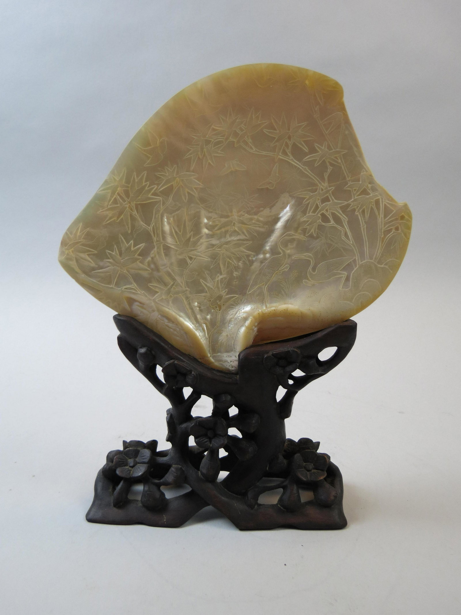 Chinese Carved Mother-of-Pearl Shell Table Screen,: Birds and foliage, 6 1/2" x 8" shell plus carved wooden stand.