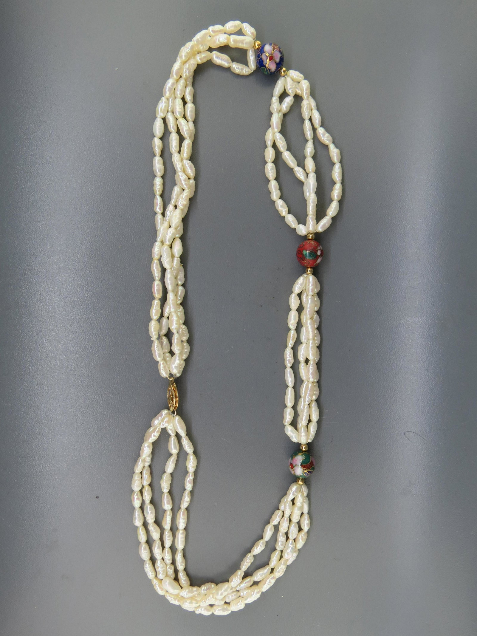 Cloisonne Bead & Pearl Neckalce 14K Gold Clasp: A trio of 10 mm beads and four strands of rice shape pearls, 18" long.