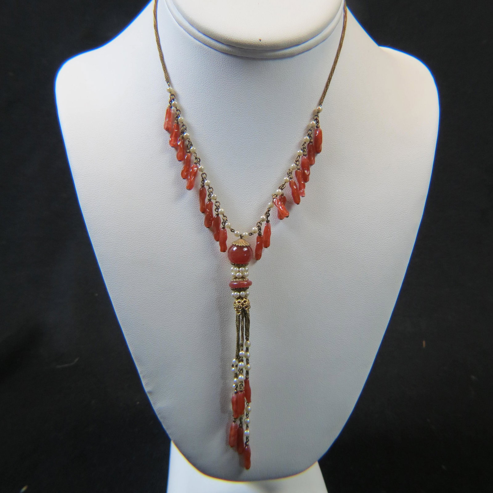 Antique Costume Jewelry Necklace: Carnelian colored dangles and pearl decor, 15".