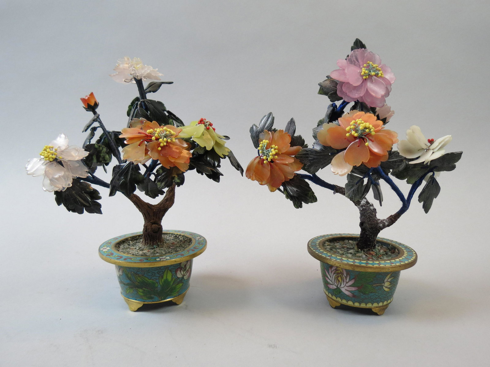 Pair of Chinese Jade Trees in Cloisonne Planters, (1 of 9)