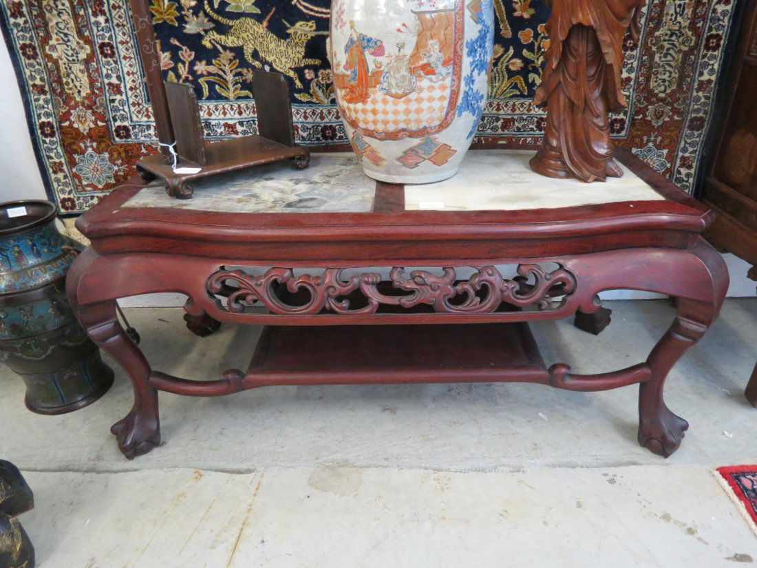 Chinese Carved Wooden Coffee Table with Dali Marble, (1 of 5)