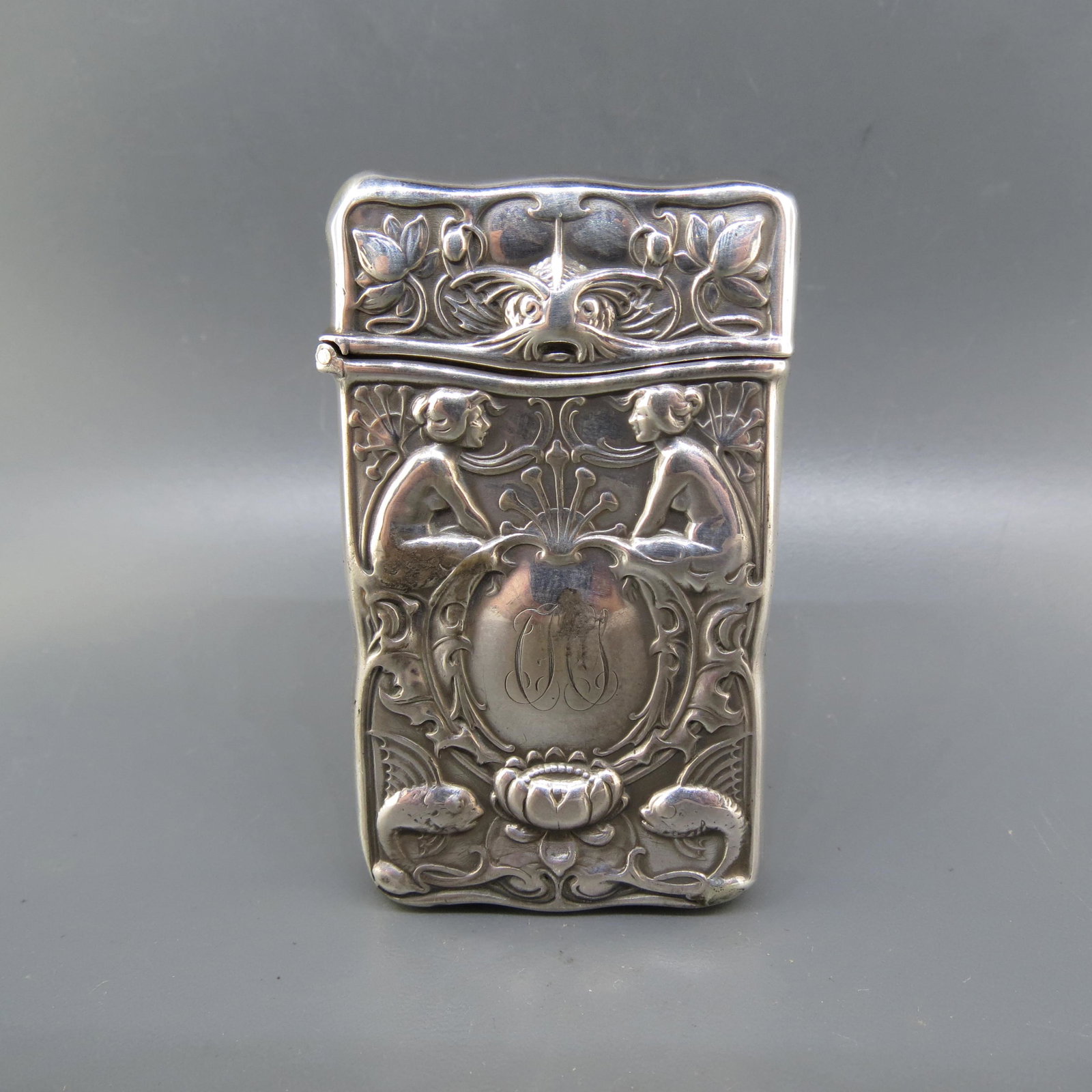 Gorham Sterling Art Nouveau Match Safe: Gorham Sterling Art Nouveau Match Safe, seated semi-nude woman, aquatic designs including fish and waterlily, B2512, 2 1/2" X 1 1/2", 1890's.