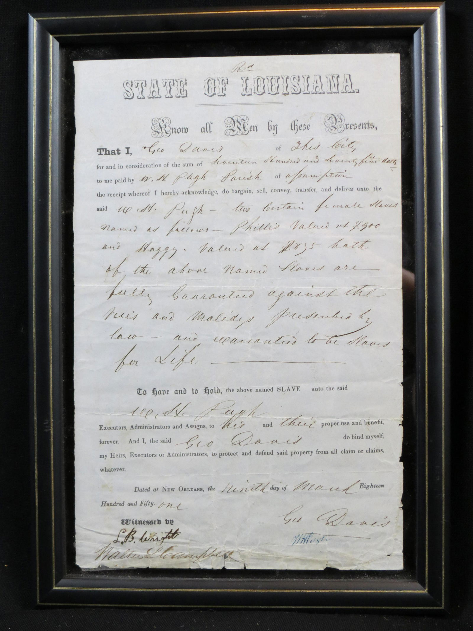 1851 New Orleans Louisiana Slave Document (1 of 6)