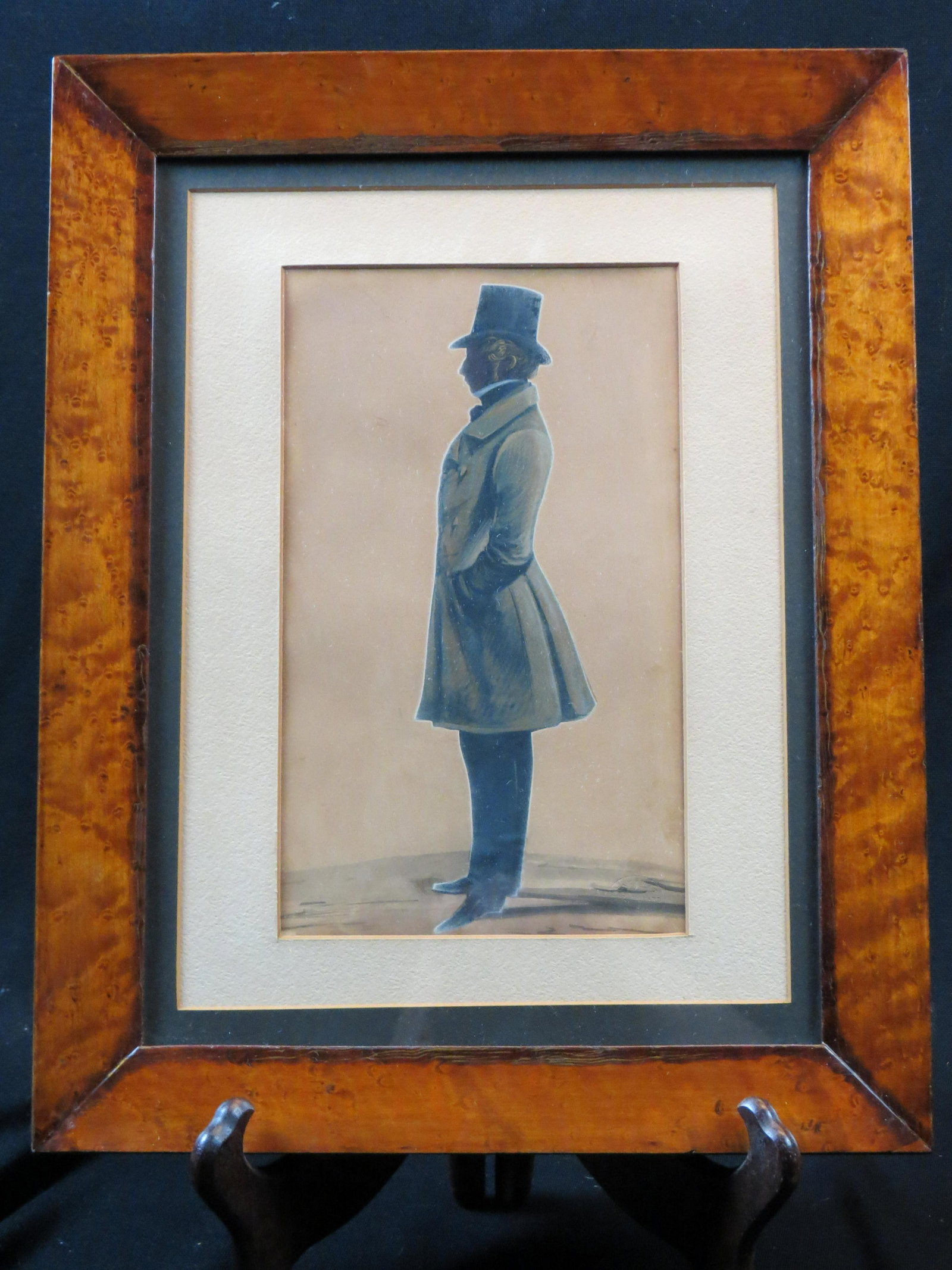 1820's Silhoutte of a Gentleman in Top Hat,: image area approx. 7" X 11" plus mat and birdseye maple frame.