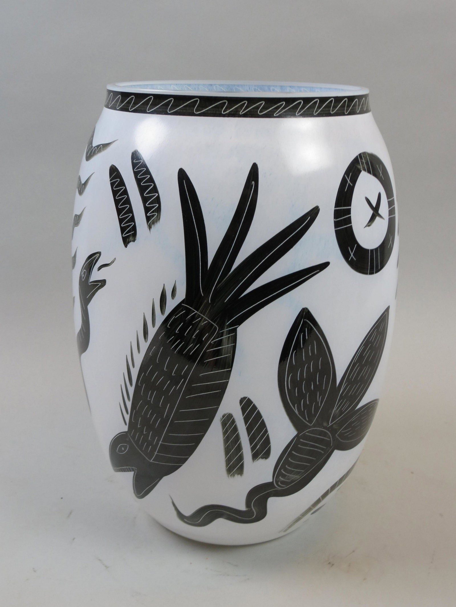 Kosta Boda Art Glass Caramba Vase: Kosta Boda Art Glass Caramba Vase, designed by Ulrica Hydman Vallien, 13" tall, 10" across, signed, excellent.