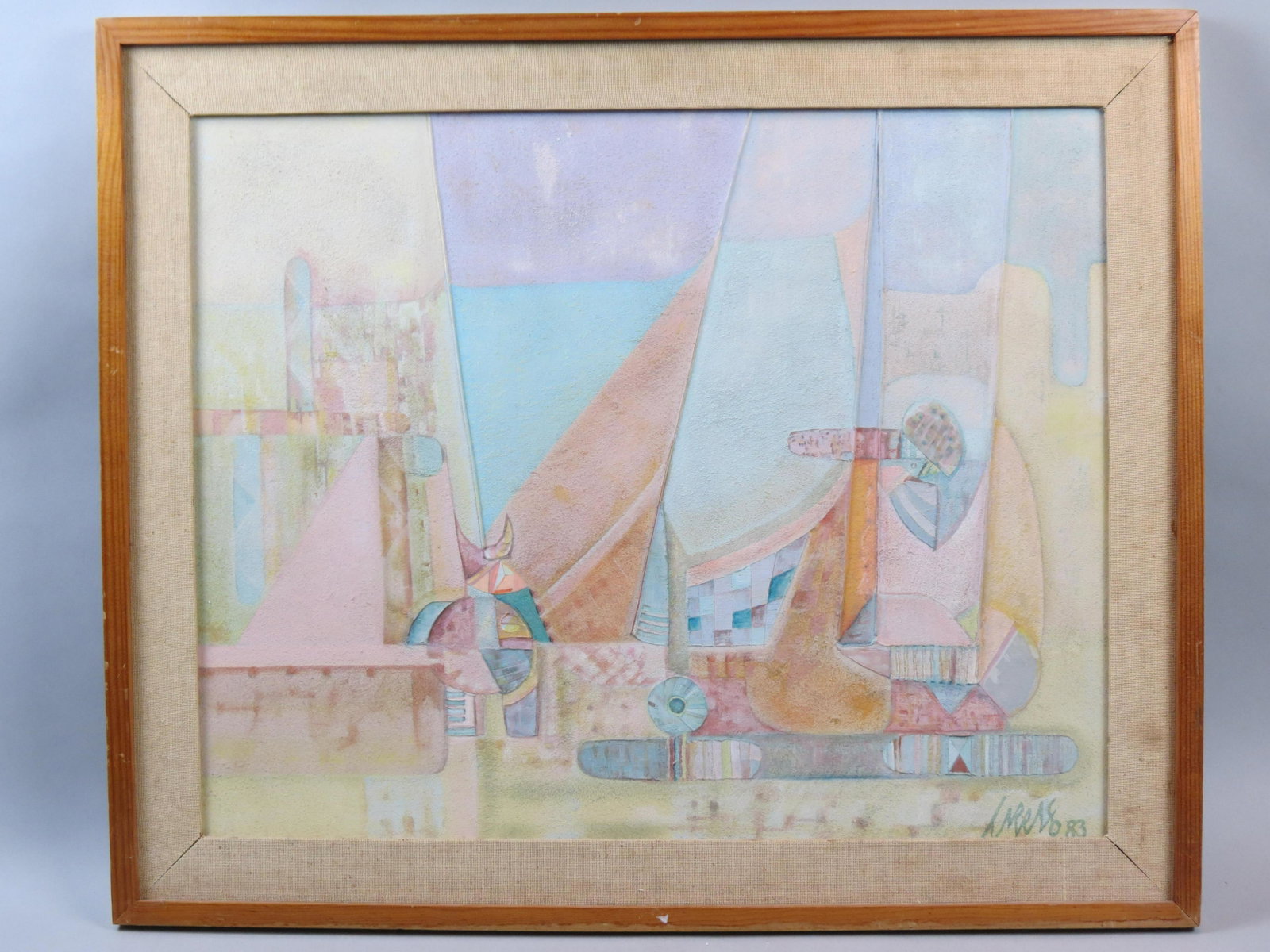 Julio Carrasco Breton, acrylic & sand mix: Julio Carrasco Breton, acrylic & sand mix, "Jeugos Primarios", abstract, image area 24" X 30", signed and dated 1983, well listed Mexican artist, original label on back with $60,000 peso price........