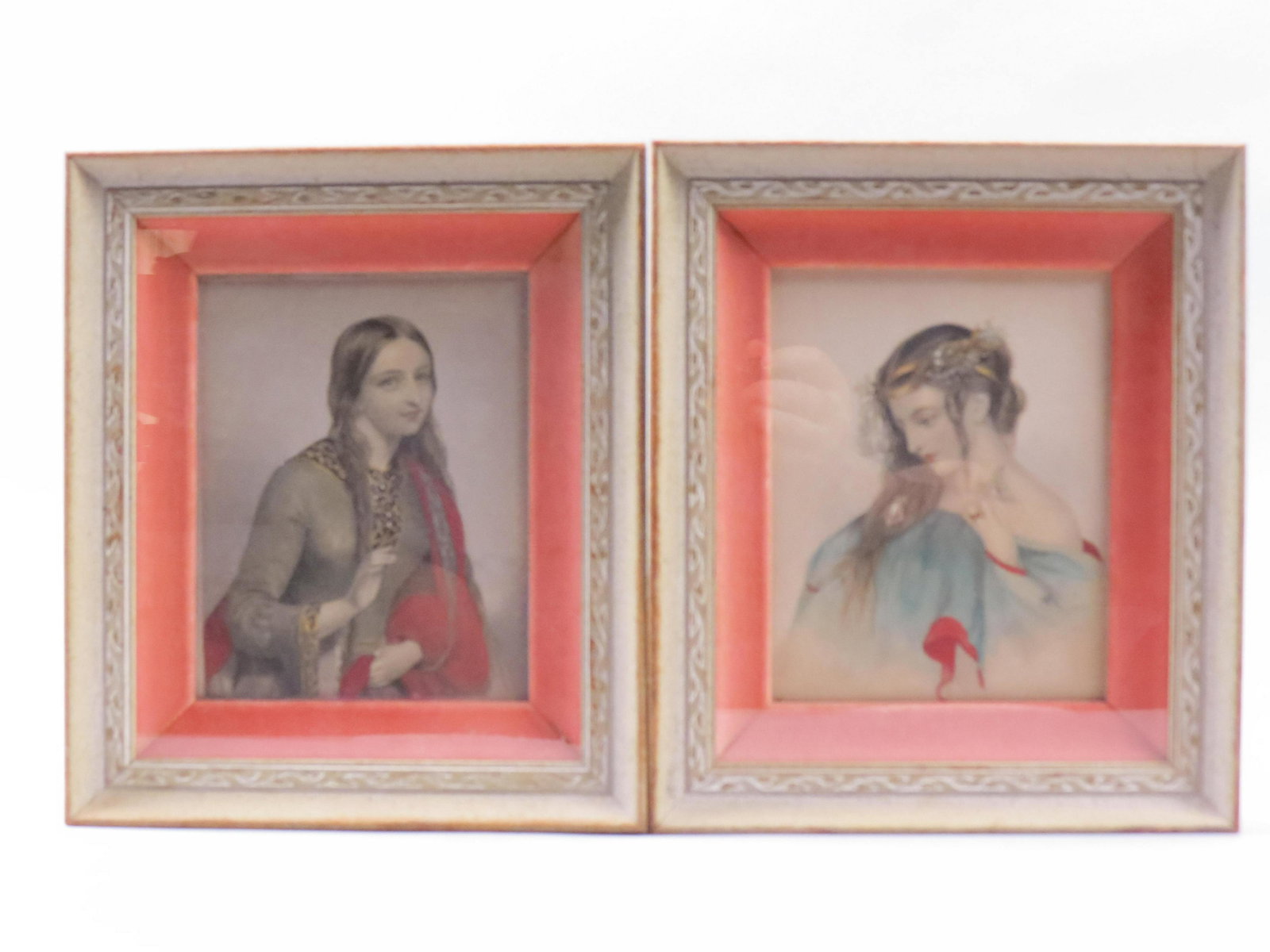 Pair of Colored Engravings of Young Females,: image area 5 1/2" X 6 1/2" plus mat and frames