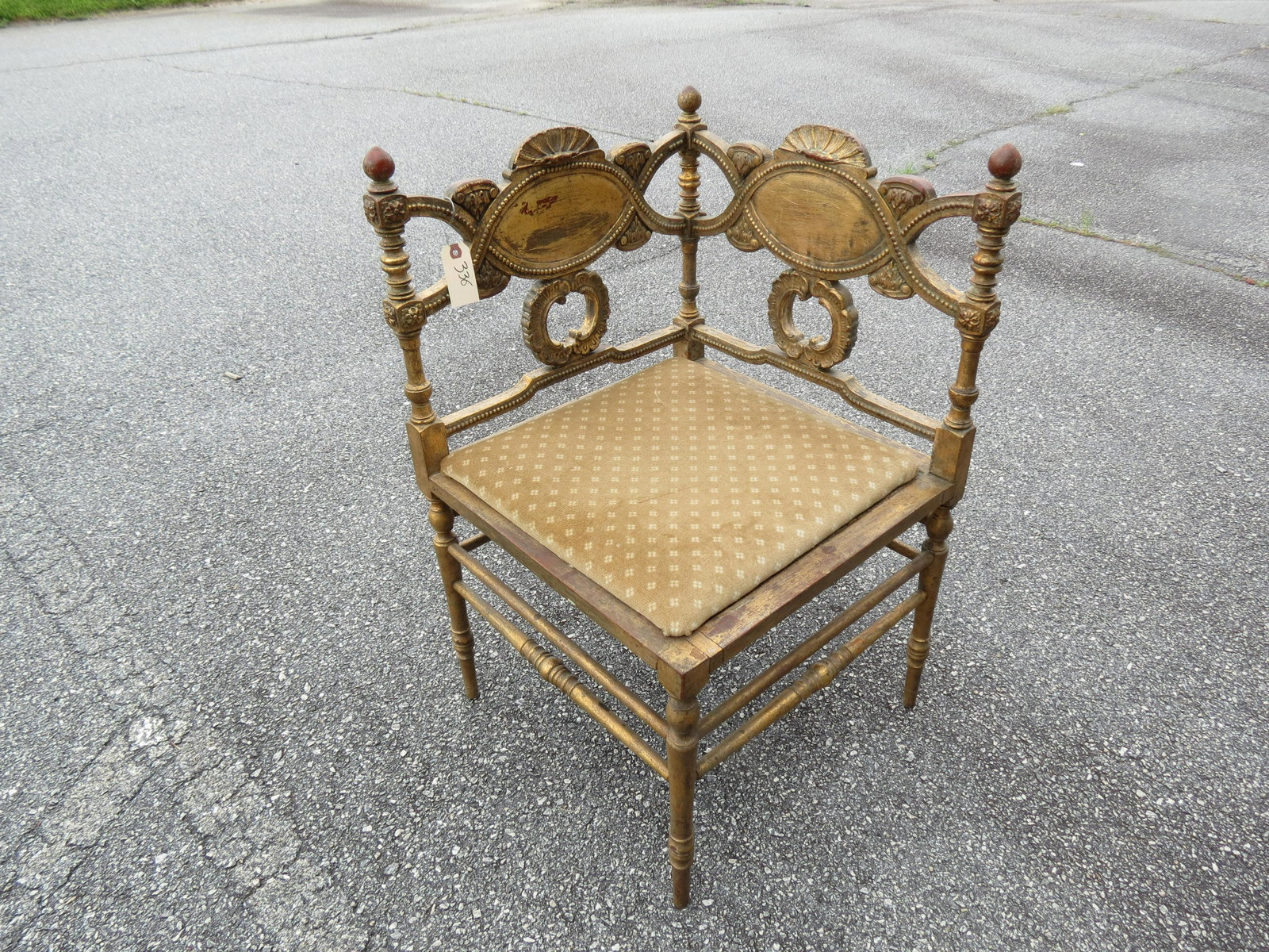 Antique Corner Chair: Antique Corner Chair, gold gilt with French style design, 31" tall.