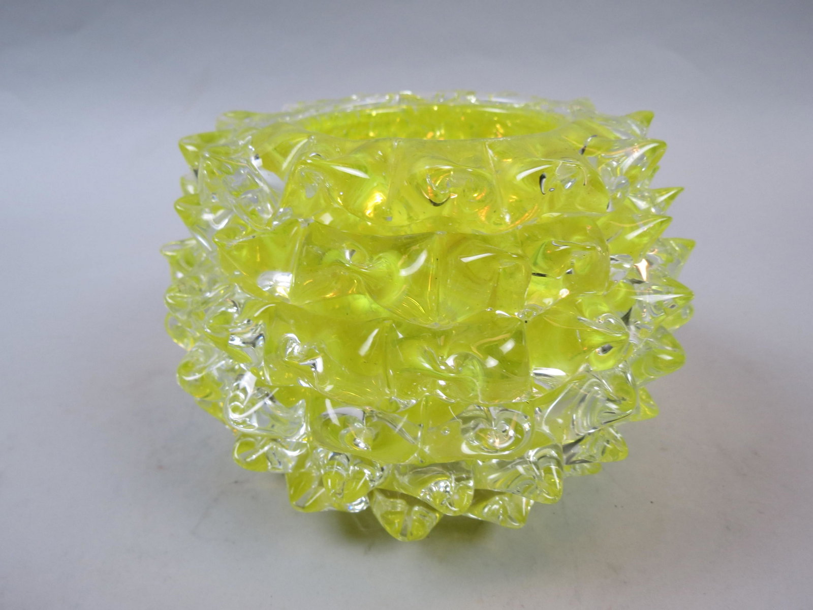 Barovier Rostrati Italian Art Glass Vase: spike design with yellow interior, circa 1980, 5" tall, 7" diameter, excellent, unsigned.