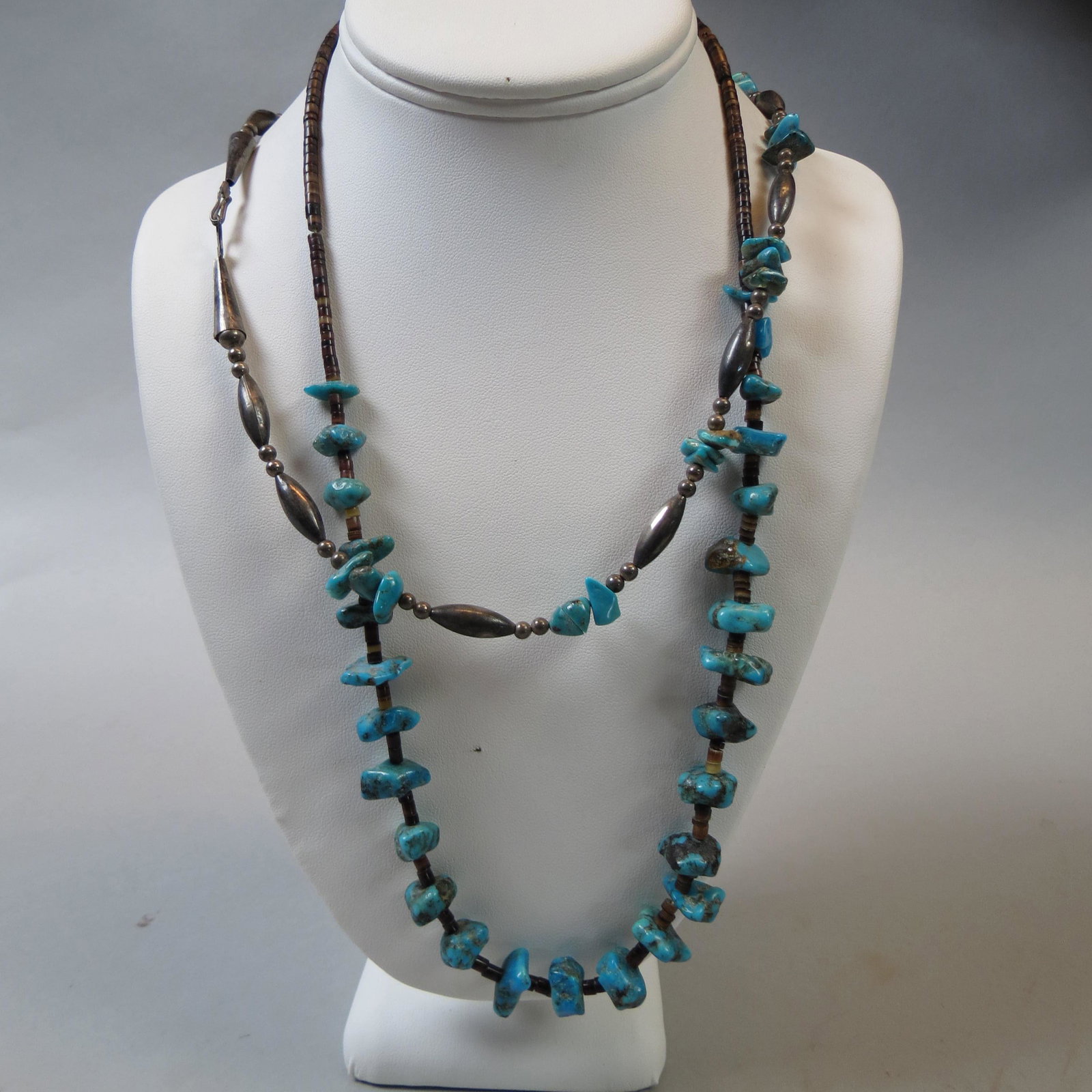 2 Navajo Turquoise & Sterling Necklace: 2 Navajo Turquoise & Sterling Necklace, 24" & 25" long.