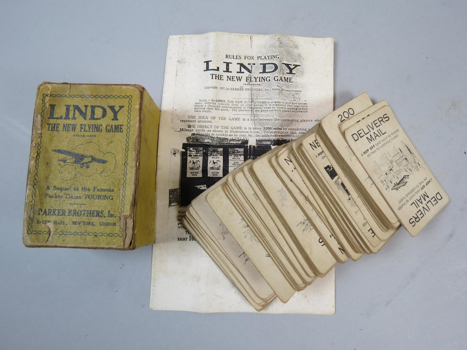 1920's Parker Brothers Card Game "Lindy": 1920's Parker Brothers Card Game "Lindy", "The New Flying Game", with papers and box.