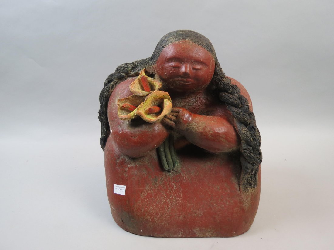 Mexican Pottery Bust of Woman with Flowers, Botello: or Diego Rivera style, 16" tall, 14" wide.