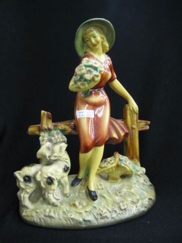 Art Deco Chalkware Figurine, lady with goat, Roman: lady with goat, Roman Art Co., Robia Ware, 12" tall, excellent, original label.