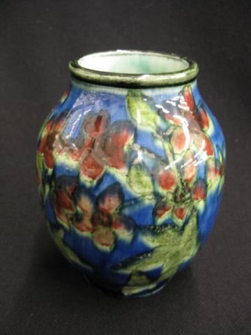 John Bennett Art Pottery Vase, red floral on rich: red floral on rich blue, 4 3/4", unmarked, circa 1880, see lot #501, famous N.Y. maker, interior crazing otherwise excellent.