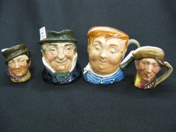 4 Royal Doulton Character Mugs, miniature Sam Well: miniature Sam Weller & Arry, small Fat boy & Capt. Cuddle, excellent.