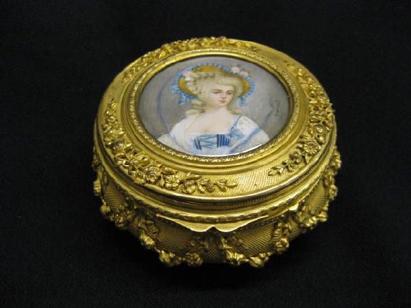 French Victorian Bronze Dresser Box: with fine miniature painting on ivory of young lady, 4" diameter, stunning!