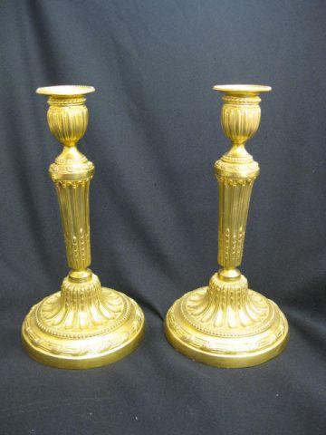 French Empire Period Bronze Candlesticks,: dore finish, 11" tall, classical column form, excellent.