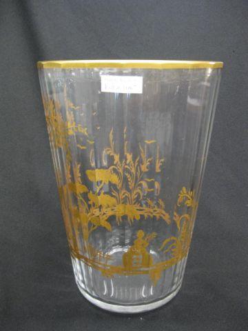 Moser Art Glass Vase,: silhoutte style scene with farm & lady in hoop skirt, gold on panelled design, 9 1/2" tall, 6 3/4" diameter, excellent.