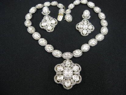 25 Carat Diamond Necklace & Earrings,: diamonds in Mogul style gold on silver, 16 1/2" long plus 1 1/2" x 1 3/4" pendant, earrings are 1 3/4" long & 1 1/4" wide, stunning! With appraisal of $18,000.00