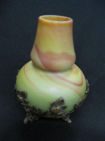 Loetz Style Victorian Art Glass Vase,: red & green marbalized swirl design, bronze floral tri-footed base, 5 1/2", signed, excellent.