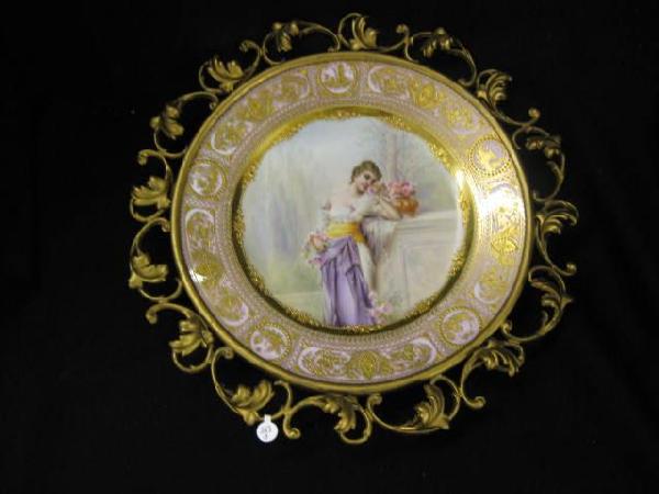 Royal Vienna Handpainted Porcelain Portrait: Plate, "Geruck", young maiden in the garden, superb detail, elaborate gold border, 9-1/2" plate plus ornate metal frame, blue beehive mark under glaze, excellent