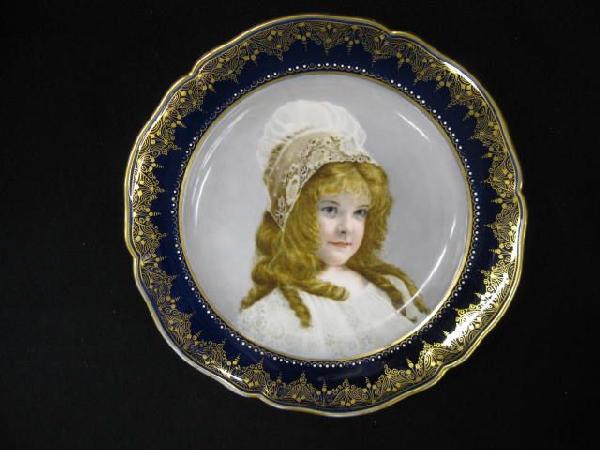 KPM Handpainted Porcelain Cabinet Plate,: young girl with bonnet, elaborate cobalt & gold trim, artist signed Grace H. Bishop, 8" diameter, excellent, scepter mark