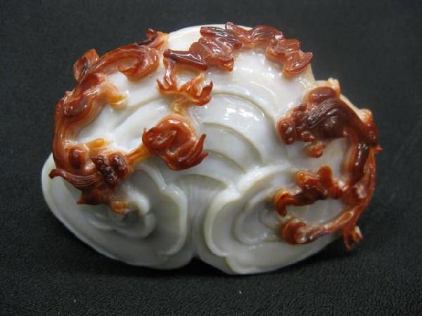 Oriental Carved Hardstone Figurine of: dragons & bats in the clouds, 3 1/4" x 5", excellent.