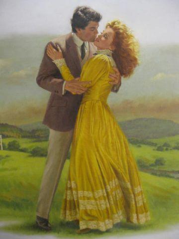 Tom Miller, Romantic Paperback Illustration: Art, couple embracing, oil on masonite, 16" x 17" unframed.