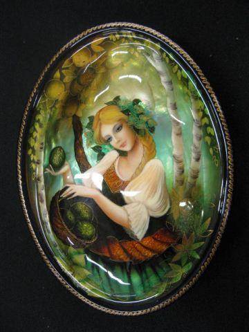 Russian Lacquerware & Abalone Shell Box,: exquisite scene of maiden harvesting fruit, foil back highlights, on natural shell with blister pearls inside, oval, 4 1/2" x 6", excellent, signed.