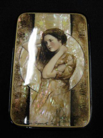 Russian Lacquerware Box,: young lady by Mucha, signed & numbered, mother-of-pearl background, 3" x 4 1/2", excellent.